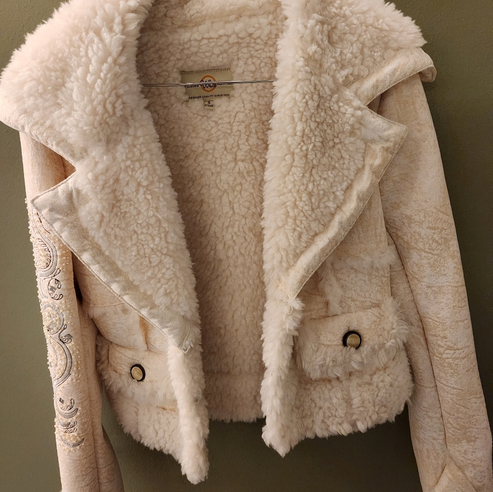 White Leather/ Fur Jacket with Embroidered Sleeve